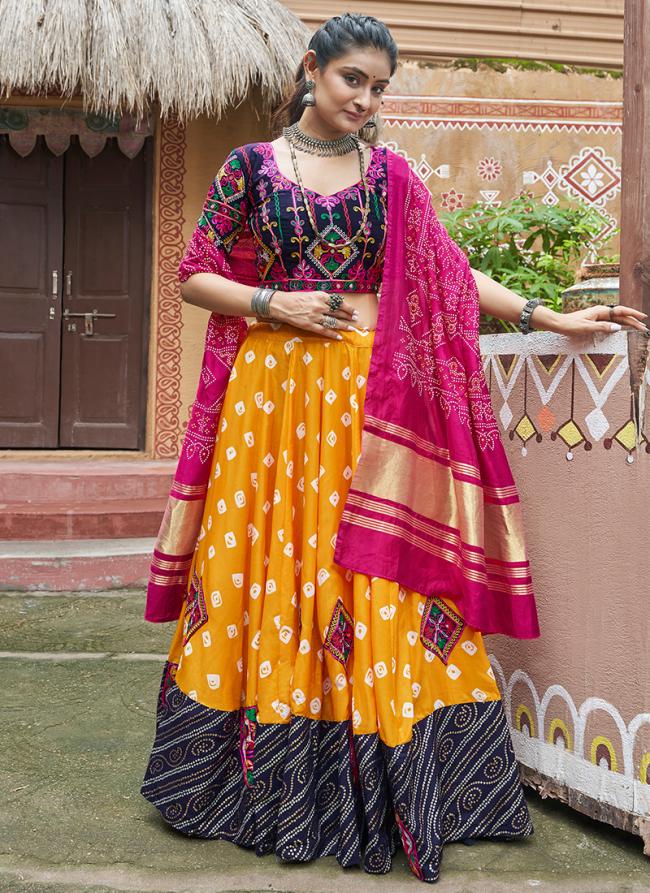 Viscose Rayon Yellow Navratri Wear Mirror Work Lehenga Choli